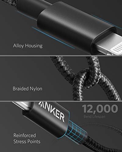 ANKER NEW NYLON USB-C לכבל ברק [MFI Certified, 6ft, שחור] 733 בנק חשמל לאייפון 13 13 Pro 12 Pro Max
